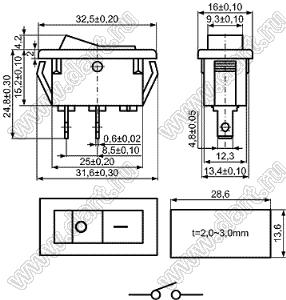 KCD2-A-101O13BRW переключатель клавишный ON-OFF; 32,5х16,0мм; 15A/30A 250VAC; толкатель красный/корпус белый; без подсветки;  маркировка "O I"; терминалы 4,8x0,6мм