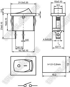 KCD1-B2-101O11BBA (R19A-12BBBT) переключатель клавишный ON-OFF; 21,0х15,0мм; 6A 250VAC/10A 125VAC; толкатель черный/корпус черный; без подсветки;  маркировка "O I"; терминалы 4,8x0,8мм