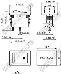 KCD1-B1-101O31BB переключатель клавишный ON-OFF; 21,0х14,8мм; 6A 250VAC/10A 125VAC; толкатель черный/корпус черный; без подсветки;  маркировка - точка; терминалы 2,8x0,8мм