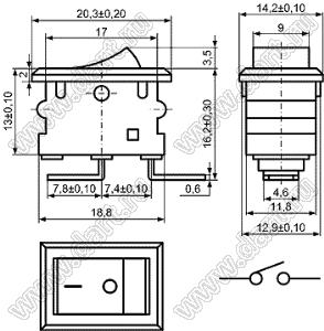 KCD1-120-101O13CBB переключатель клавишный ON-OFF; 20,3x14,2мм; 4(2)A 250VAC; толкатель черный/корпус черный; без подсветки;  маркировка "O I"; терминалы 4,8x0,6мм