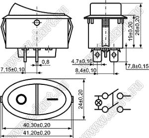 KCD13-B-201N11RB переключатель клавишный ON-OFF; 41,2х24,0мм; 3A 250VAC/6A 125VAC; толкатель красный/корпус черный; с подсветкой;  маркировка "O I"; терминалы 4,7x0,8мм