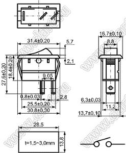 KCD10-101O81RB переключатель клавишный ON-OFF; 31,4x16,7мм; 6.5A 250VAC/13A 125VAC; толкатель красный/корпус черный; без подсветки;  маркировка - нет; терминалы 6,3x0,8мм