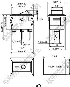 KCD1-AP-101O12BBA (XW-603AB1BBA) переключатель клавишный ON-OFF; 21,0х15,0мм; 2/8A 250VAC; толкатель черный/корпус черный; без подсветки;  маркировка "O I"; терминалы 4,8x0,8мм