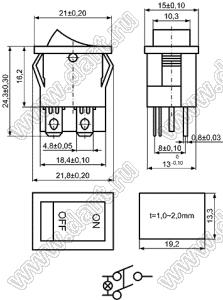 KCD1-104A-101N21RBA переключатель клавишный ON-OFF; 21,0x15,0мм; 6A 250VAC/10A 125VAC; толкатель красный/корпус черный; с подсветкой;  маркировка "O I"; терминалы 4,8x0,8мм