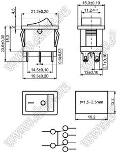 KCD1-C1-202O11BB переключатель клавишный ON-ON; 21,2х15,3мм; 6A 250VAC/10A 125VAC; толкатель черный/корпус черный; без подсветки;  маркировка "O I"; терминалы 2,8x0,6мм