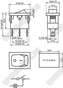 KCD1-B5-101N11RB переключатель клавишный ON-OFF; 21,0х15,0мм; 6A 250VAC/10A 125VAC; толкатель красный/корпус черный; с подсветкой;  маркировка "O I"; терминалы 4,8x0,8мм