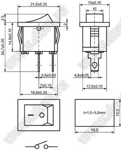 KCD1-B-101O11BB (KCD1-601AB1, SWR41, B100G) переключатель клавишный ON-OFF; 21,5х15,0мм; 6A 250VAC/10A 125VAC; толкатель чёрный/корпус черный; без подсветки;  маркировка "O I"; терминалы 4,8x0