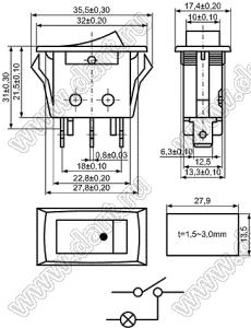 KCD3-C2-101N31CRB переключатель клавишный ON-OFF; 32,0х17,4мм; 15A/30A 250VAC; толкатель красный/корпус черный; с подсветкой;  маркировка - точка; терминалы 6,3x0,8мм