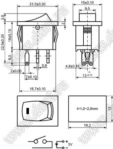 KCD1-B2-101L91BBA (R19A-02IBBORT) переключатель клавишный ON-OFF; 21,0х15,0мм; 6A 250VAC/10A 125VAC; толкатель черный/корпус черный; с LED подсветкой;  маркировка - нет; терминалы 4,8x0,8мм