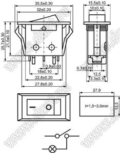 KCD3-B2A-101N12ARG переключатель клавишный ON-OFF; 32,0х15,5мм; 15A/30A 250VAC; толкатель красный/корпус серый; с подсветкой;  маркировка "O I"; терминалы 4,8x0,8мм