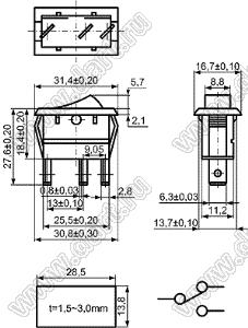 KCD10-102O81RB переключатель клавишный ON-OFF-ON; 31,4x16,7мм; 6.5A 250VAC/13A 125VAC; толкатель красный/корпус черный; без подсветки;  маркировка - нет; терминалы 6,3x0,8мм