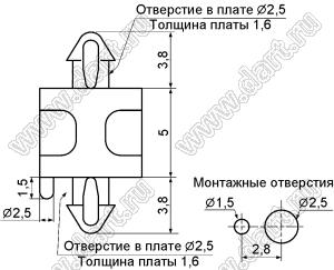 MADMK-5 фиксатор платы с двумя защелками; dп=2,5мм; s=1,6мм; d отв.=2,5мм; t=1,6мм; нейлон-66 (UL); натуральный