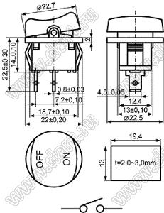 KCD1-B6-101O91BB переключатель клавишный ON-OFF; 22,0х22,5мм; 6A 250VAC/10A 125VAC; толкатель черный/корпус черный; без подсветки;  маркировка - нет; терминалы 4,8x0,8мм