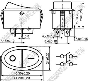 KCD13-B-201O12WB переключатель клавишный ON-OFF; 41,2х24,0мм; 3A 250VAC/6A 125VAC; толкатель белый/корпус черный; без подсветки;  маркировка "O I"; терминалы 6,3x0,8мм