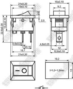 KCD1-FP-101O12BBA переключатель клавишный ON-OFF; 21,0х15,0мм; 6A 250VAC/10A 125VAC; толкатель черный/корпус черный; без подсветки;  маркировка "O I"; терминалы 4,8x0,8мм