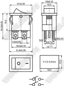 KCD1-104B-201N22EBA переключатель клавишный ON-OFF; 21,0х15,0мм; 6A 250VAC/10A 125VAC; толкатель зеленый/корпус черный; с подсветкой;  маркировка "O I"; терминалы 4,8x0,8мм