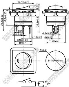 KCD1-108-101NA1BBA переключатель клавишный ON-OFF; 23,4x23,4мм; 6A 250VAC/10A 125VAC; толкатель черный/корпус черный; с подсветкой;  маркировка "O I"; терминалы 4,8x0,8мм