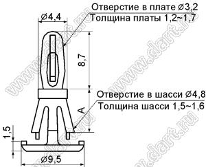 RCW-12.7 фиксатор платы с двумя защелками; A=12,7мм; D=3,2мм; S=1,2...1,7мм; d отв.=4,8мм; t=1,5...1,6мм; нейлон-66; натуральный