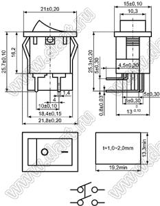 KCD1-104B-201O13BBA (R19-00BBDRL) переключатель клавишный ON-OFF; 21,0х15,0мм; 6A 250VAC/10A 125VAC; толкатель черный/корпус черный; без подсветки;  маркировка "O I"; терминалы PC угловые