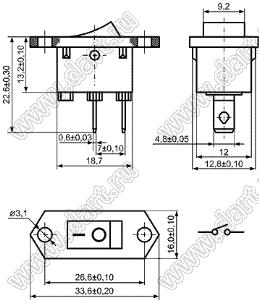 KCD1-PM-101O12BBA переключатель клавишный ON-OFF; 33,6х16,0мм; 6A 250VAC/10A 125VAC; толкатель черный/корпус черный; без подсветки;  маркировка "O I"; терминалы 4,8x0,8мм