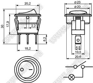 KCD1-106A-103O53BB (RL3-511N-G-2-GR/BK-P5) переключатель клавишный ON-OFF-ON; D=23,0мм; 6A 250VAC/10A 125VAC; толкатель черный/корпус черный; без подсветки;  маркировка "I O II"; терминалы 4,8