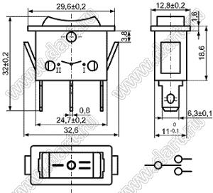 KCD3-103(H) переключатель клавишный ON-OFF-ON; 29,6х12,8мм; 7(5)A 250VAC / 12,5A 120 VAC; толкатель красный/корпус красный; без подсветки;  маркировка "I O II"; терминалы 6,3x0,8мм