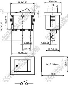 KCD1-B-101O31RB (SWR-41) переключатель клавишный ON-OFF; 21,5х15,0мм; 6A 250VAC/10A 125VAC; толкатель красный/корпус черный; без подсветки;  маркировка - точка; терминалы 4,8x0,8мм