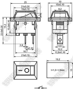 KCD1-AP-101O11BBB переключатель клавишный ON-OFF; 21,0х15,0мм; 2/8A 250VAC; толкатель черный/корпус черный; без подсветки;  маркировка "O I"; терминалы 4,8x0,8мм