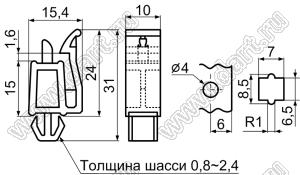 KES-15 фиксатор платы под фигурное отверстие в шасси; dп=4,0мм; s=1,6мм; нейлон-66; натуральный