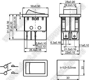 KCD4-JKA-204O81CBBNA переключатель клавишный (ON)-OFF; 32,0х25,0мм; 15A/30A 250VAC; толкатель черный/корпус черный; без подсветки;  маркировка - нет; терминалы 6,3x0,8мм