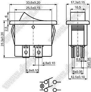 KCD2-B2-201N84CRB переключатель клавишный ON-OFF; 33,6х17,3мм; 15A/30A 250VAC; толкатель красный/корпус черный; с подсветкой;  маркировка - нет; терминалы 4,8x0,8мм