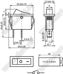 KCD3-1-101O11CWW переключатель клавишный ON-OFF; 30,5х13,5мм; 15A/30A 250VAC; толкатель белый/корпус белый; без подсветки;  маркировка "O I"; терминалы 6,3x0,8мм