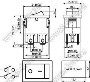 KCD1-104-2CH-201O11BB (R19-20BBDT2, XW-601BB1BBA, SWR-45, R19-20BBBT) переключатель клавишный ON-OFF; 21,0х15,0мм; 6A 250VAC/10A 125VAC; толкатель черный/корпус черный; без подсветки;  маркиро