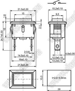 KCD1-PFW-104O81RB переключатель кнопочный (ON)-OFF; 21,5х15,2мм; 6A 250VAC/10A 125VAC; толкатель красный/корпус черный; без подсветки;  маркировка - нет; терминалы 4,8x0,8мм