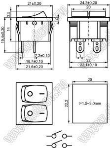 KCD5-B1-201O12BB переключатель клавишный ON-OFF; 21,0х24,3мм; 6A/12A 250VAC; толкатель черный/корпус черный; без подсветки;  маркировка "O I"; терминалы 3,0x0,8мм