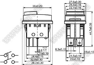 KCD4-16A-201O112BB переключатель клавишный ON-OFF; 36,0х27,6мм; 16A 250VAC/20A 125VAC; толкатель черный/корпус черный; без подсветки;  маркировка "O I"; терминалы 6,3x0,8мм