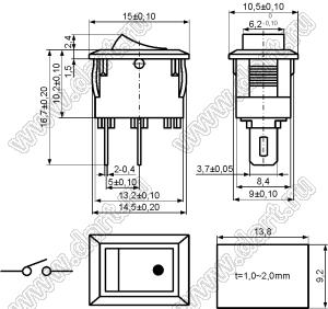 KCD11-A-101O11RB переключатель клавишный ON-OFF; 15,0х10,5мм; 3A 250VAC; толкатель красный/корпус черный; без подсветки;  маркировка "O I"; терминалы 3,7x0,4мм