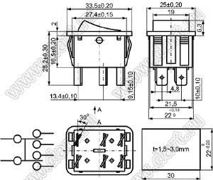 KCD4-RN-203O52GG переключатель клавишный ON-OFF-ON; 33,5х25,0мм; 15A/30A 250VAC; толкатель серый/корпус серый; без подсветки;  маркировка "I O II"; терминалы 6,3x0,8мм