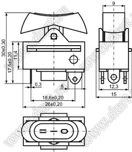 KCD15-103O91BB переключатель клавишный ON-OFF-ON; 26,0х15,0мм; 16A 250VAC; толкатель черный/корпус черный; без подсветки;  маркировка "I O II"; терминалы 6,3x0,8мм