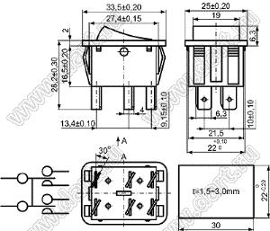 KCD4-RN-207O51BB переключатель клавишный (ON)-OFF-ON; 33,5х25,0мм; 15A/30A 250VAC; толкатель черный/корпус черный; без подсветки;  маркировка "I O II"; терминалы 6,3x0,8мм