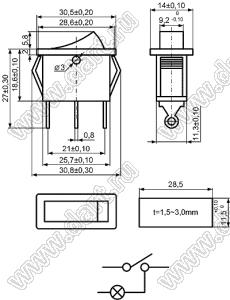 KCD3-C3-101N81CRR переключатель клавишный ON-OFF; 30,5х14,0мм; 15A/30A 250VAC; толкатель красный/корпус красный; с подсветкой;  маркировка - нет; терминалы на проводмм