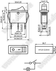 KCD3-A1-102O11CBB переключатель клавишный ON-ON; 32,0х14,0мм; 15A/30A 250VAC; толкатель черный/корпус черный; без подсветки;  маркировка "O I"; терминалы 6,3x0,8мм