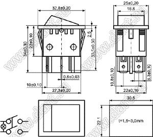 KCD4-C1-201N81ARB переключатель клавишный ON-OFF; 32,8х25,0мм; 15A/30A 250VAC; толкатель красный/корпус черный; с подсветкой;  маркировка - нет; терминалы 6,3x0,8мм