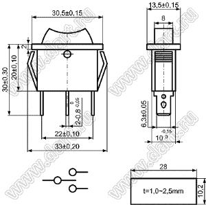 KCD3-1-103O51CBB переключатель клавишный ON-OFF-ON; 30,5х13,5мм; 15A/30A 250VAC; толкатель черный/корпус черный; без подсветки;  маркировка "I O II"; терминалы 6,3x0,8мм