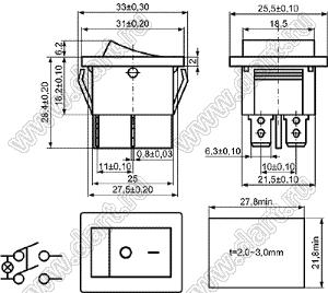 KCD4-201N11CRBA (XW604AA1BRA6C, R592BRBT2, SWR-2201-5C) переключатель клавишный ON-OFF; 31,0х25,5мм; 15A/30A 250VAC; толкатель красный/корпус черный; с подсветкой;  маркировка "O I"; терминалы