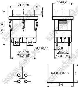 KCD1-104-2PFW-204O81BB переключатель клавишный (ON)-OFF; 21,0x15,0мм; 6A 250VAC/10A 125VAC; толкатель черный/корпус черный; без подсветки;  маркировка - нет; терминалы 4,7x0,8мм