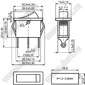 KCD3-C3-102O81CRG переключатель клавишный ON-ON; 30,5х14,0мм; 15A/30A 250VAC; толкатель красный/корпус серый; без подсветки;  маркировка - нет; терминалы на провод