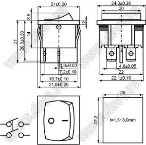 KCD5-A-201O11RB (RS-606PB-BBOS, SWR71, B1021) переключатель клавишный ON-OFF; 21,0х24,3мм; 6A/12A 250VAC; толкатель красный/корпус черный; без подсветки;  маркировка "O I"; терминалы 4,8x0,8мм