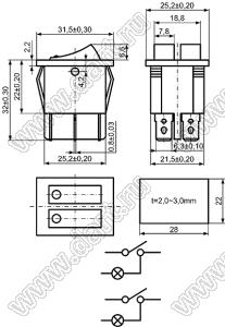 KCD3-2-201N81DBB переключатель клавишный ON-OFF; 31,5х25,2мм; 15A/30A 250VAC; толкатель черный/корпус черный; с подсветкой;  маркировка - нет; терминалы 6,3x0,8мм