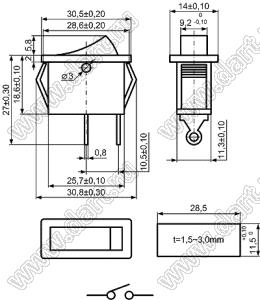 KCD3-C3Z-101O81CRG переключатель клавишный ON-OFF; 30,5х14,0мм; 15A/30A 250VAC; толкатель красный/корпус серый; без подсветки;  маркировка - нет; терминалы на провод